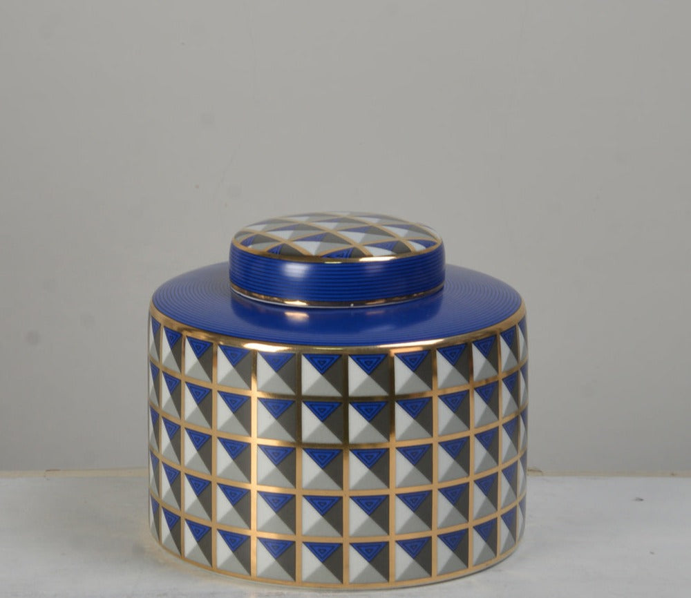 Geometric Pattern Blue Ceramic Ginger Jar - 16cm